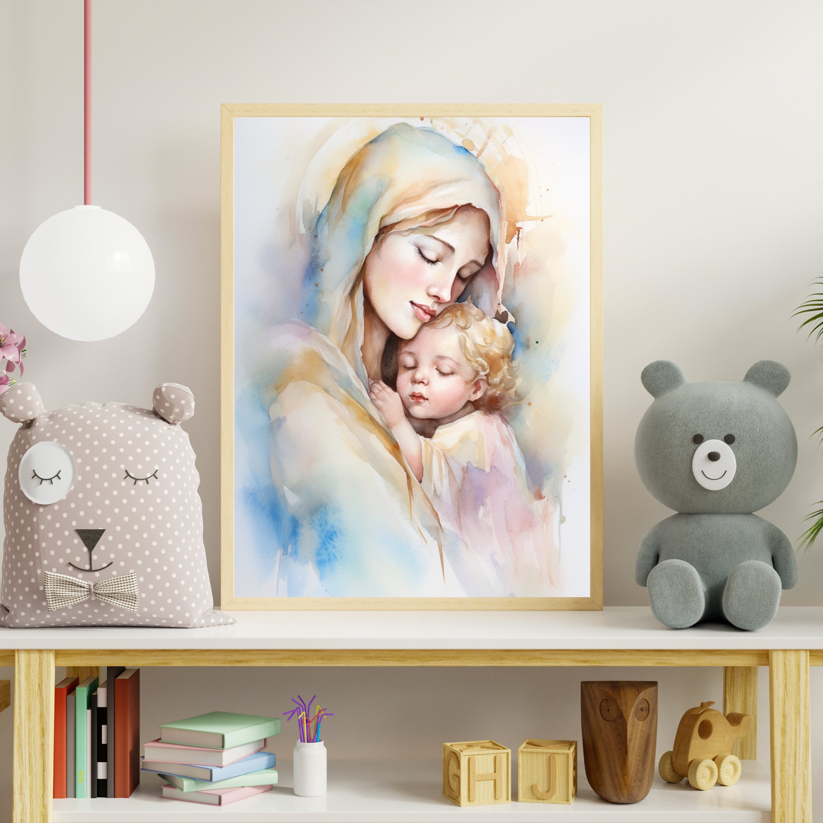 Virgin Mary & Baby Jesus Watercolor Pastel Wall Art Print Catholic ...