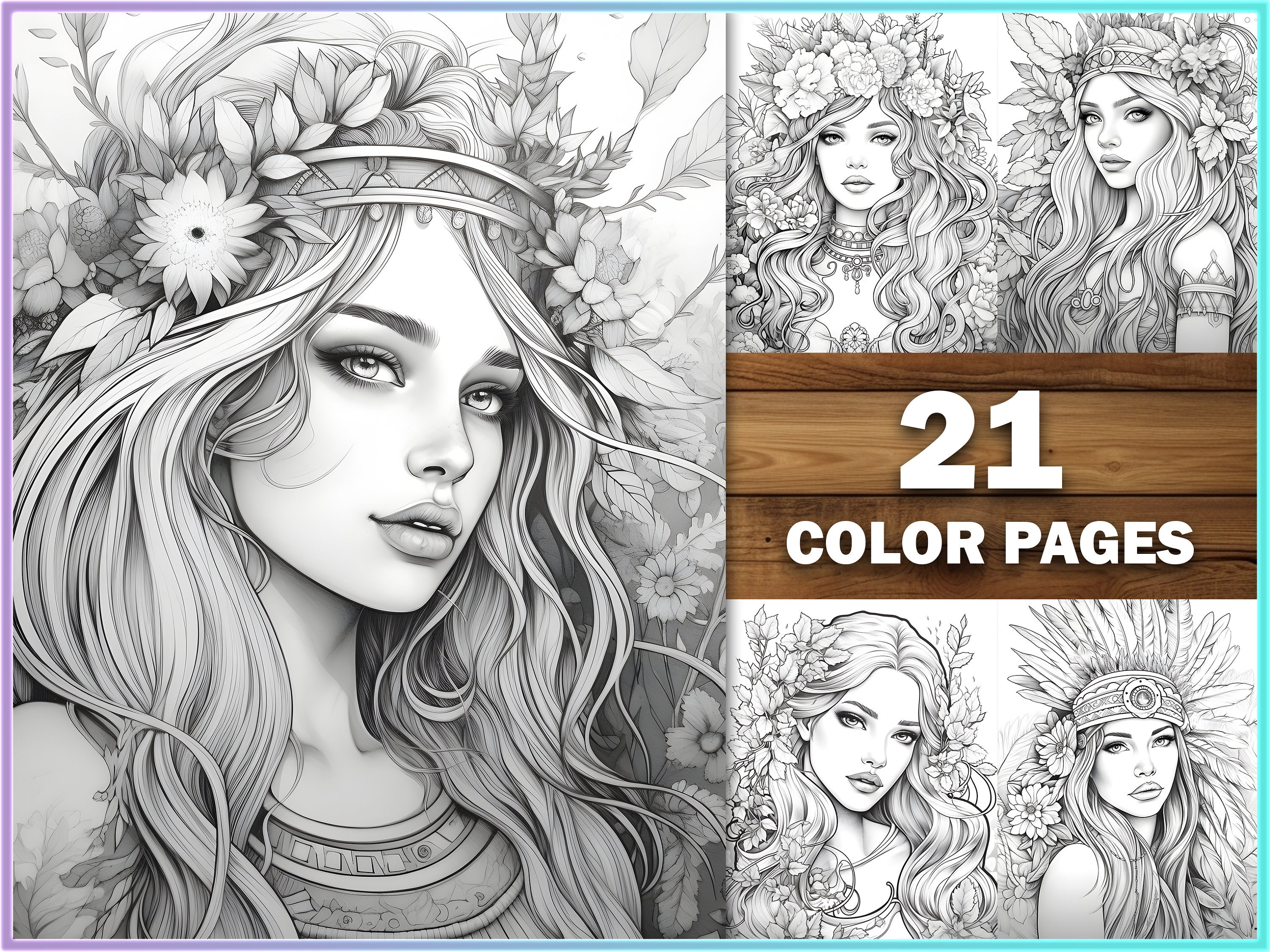 Boho women adult coloring book, adult coloring pages PDF HD adult + kids  coloring book, coloring book for adults, greyscale color book