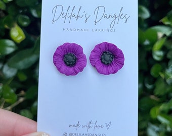 Handmade Purple Poppy Studs | Polymer Clay Earrings (1.5cm x 1.5cm)