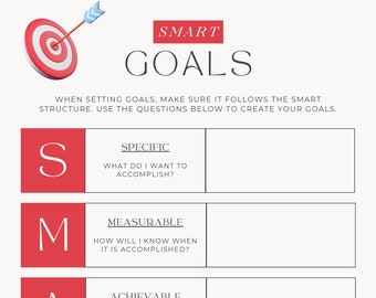 May include: A red target with a blue arrow pointing to the center. The text "SMART GOALS" is in a red box above the target. The text "WHEN SETTING GOALS, MAKE SURE IT FOLLOWS THE SMART STRUCTURE. USE THE QUESTIONS BELOW TO CREATE YOUR GOALS." is below the target. The acronym SMART is broken down into five sections: S - SPECIFIC, M - MEASURABLE, A - ACHIEVABLE, R - RELEVANT, T - TIME BOUND. Each section has a question to help you create a goal.