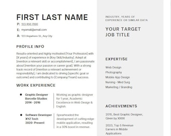 May include: A resume with a black and white design. The resume includes a profile, work experience, education history, expertise, achievements, and references. The resume is for a person named First Last Name.