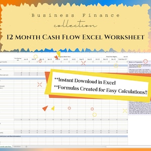 Op de afbeelding: Een 12-maands Excel-werkblad voor cashflow met formules voor eenvoudige berekeningen. Het werkblad is ontworpen om bedrijven te helpen hun inkomsten en uitgaven bij te houden en hun toekomstige cashflow te voorspellen. Het werkblad bevat secties voor contante ontvangsten, contante uitgaven en essentiële bedrijfsgegevens. Het werkblad is beschikbaar voor directe download in Excel.