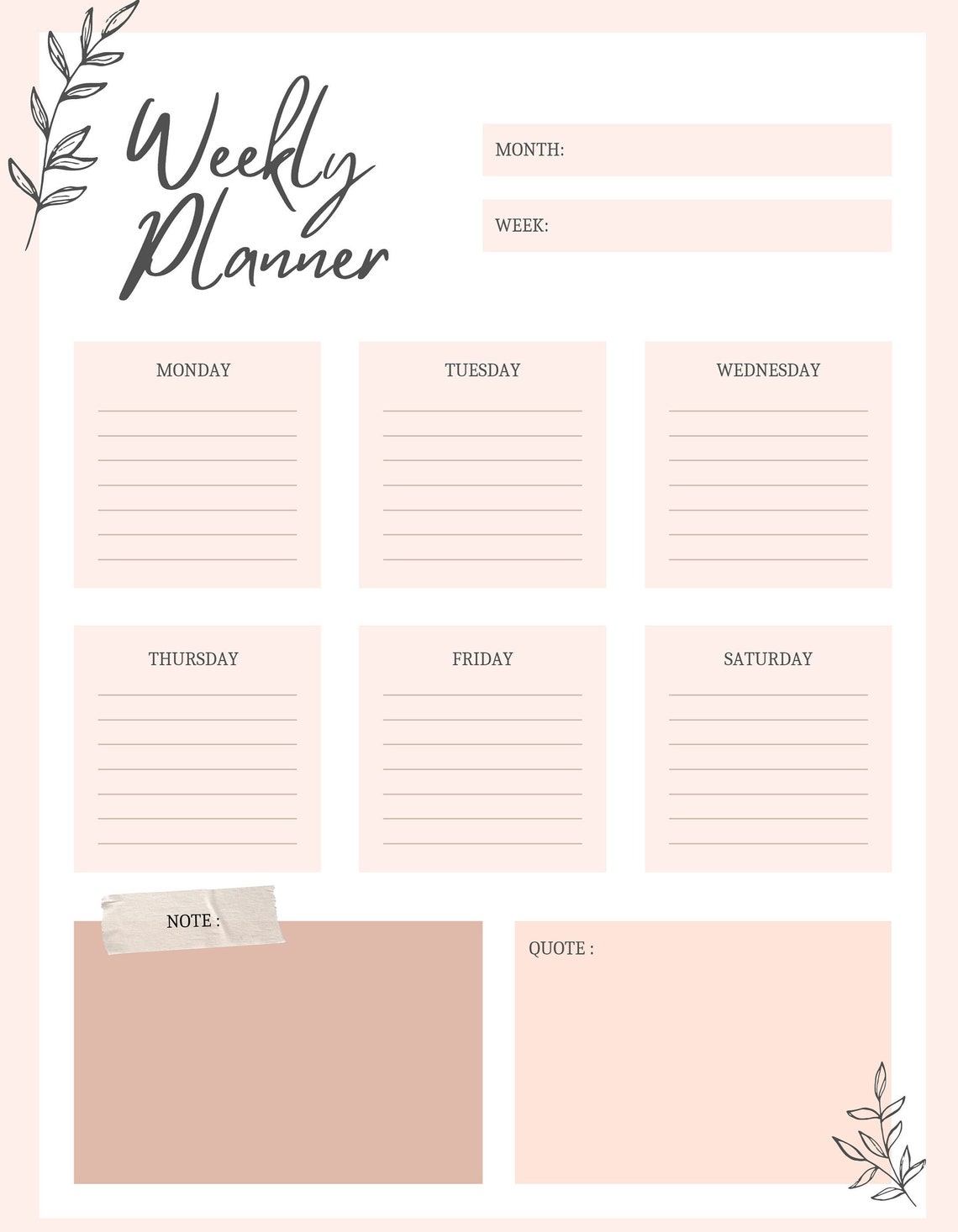 Pink Weekly Planner Template - Digital Download - Etsy