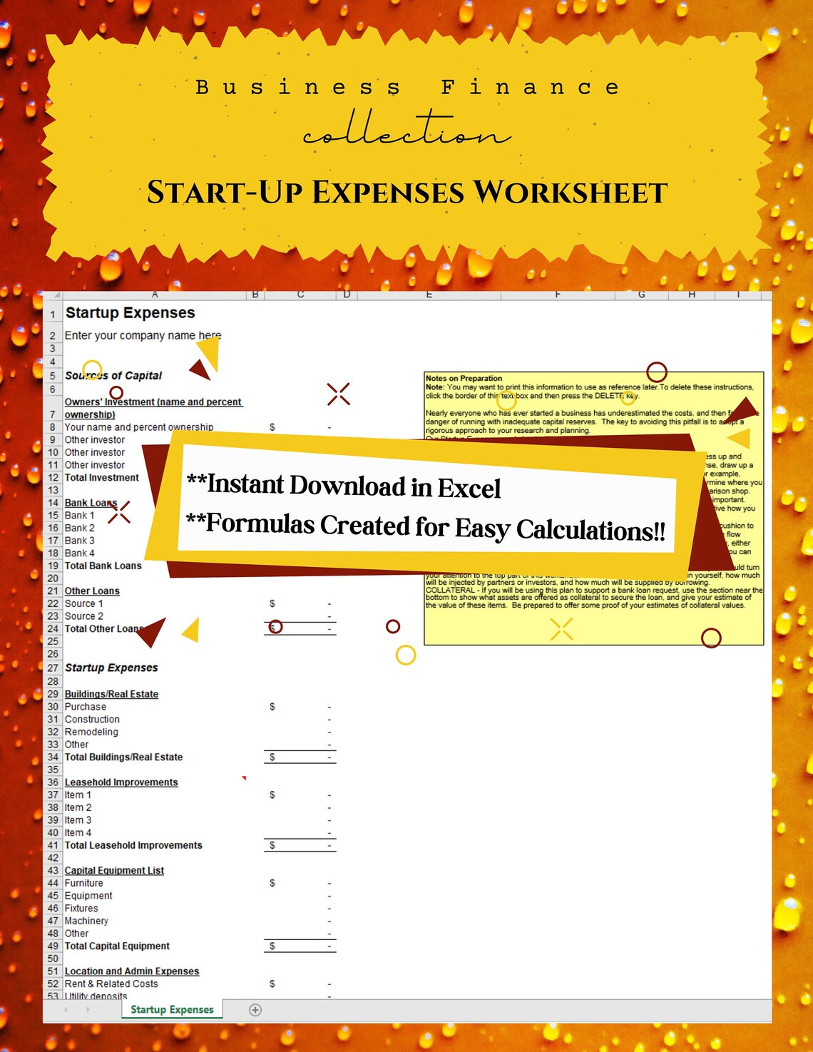 Start up Expenses Excel Worksheet Template Predesigned Formulas for Easy Calculations Instant Start up Expenses Excel Worksheet Template Predesigned Formulas for Easy Calculations Instant