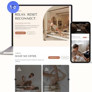 May include: A laptop and smartphone showing a wellness clinic website. The laptop screen displays the text "RELAX. RESET. RECONNECT." and "WHAT WE OFFER." The smartphone shows a page with the text "SPASM."