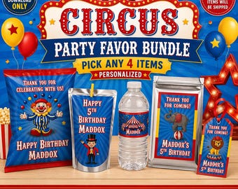 Zirkus Gastgeschenk Bundle | Wählen Sie 4 Artikel | Karneval Geburtstag Party Dekor | Benutzerdefinierte Partygeschenke | Zirkus-Mottoparty | Digitaler Download