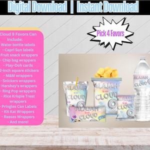 May include: Digital download featuring party favors. Includes water bottle labels, Capri Sun labels, chip bag wrappers, and more. The image shows a water bottle, snacks, and other items with the text "Alajah Cloud".