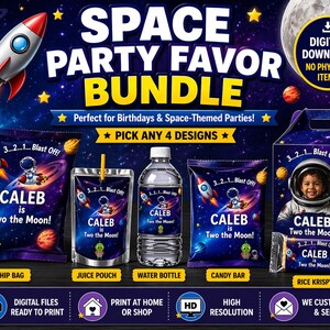 May include: A space-themed party favor bundle featuring a rocket ship, planets, and stars. The bundle includes chip bags, juice pouches, water bottles, candy bars, and rice krispies, all personalized with the text "Caleb is Two the Moon!"