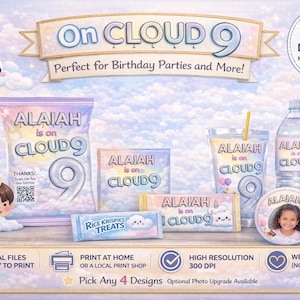 May include: Digital download party supplies with a cloud and rainbow theme. Includes a bag of marshmallows, candy bars, a cup, water bottle, and lollipops. The text "ALAIAH is on CLOUD 9" is displayed on the items.