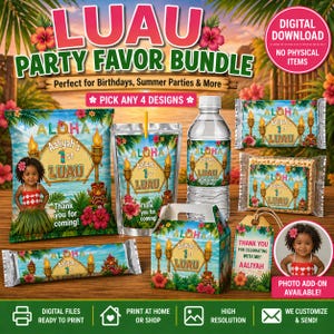 May include: A Luau party favour bundle featuring a chip bag, juice pouch, water bottle, candy bar, and gift box. Each item has a tropical design with "Aloha" and "Aaliyah's 1st Luau". Ideal for birthdays and summer parties. Digital download, no physical items.
