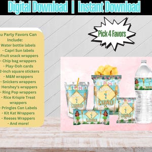 May include: Digital download featuring Luau party favors. Includes water bottle labels, Capri Sun labels, chip bag wrappers, and more. The image shows a water bottle, a cup, and snack wrappers with a tropical theme.