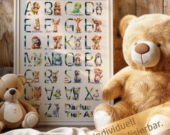Poster for the children's room Personalizable ABC poster animals - Learning poster animals - Alphabet and numbers - German ABC poster animals A2