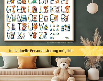 Personalizable ABC poster animals - children's room learning poster animals - alphabet and numbers - German ABC poster animals | designPapa