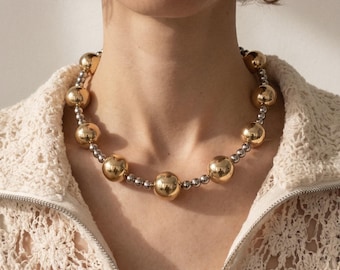 Mixed Metal Necklace, Chunky Gold Choker, Oversized Statement Necklace, Silver Ball Necklace, Two Tone Jewelry