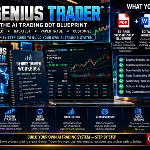 May include: A Genius Trader AI trading bot blueprint bundle featuring a 52-page guide, an editable workbook, and a starter code package. The display includes a laptop showing trading charts, account equity, and a list of features like backtesting.