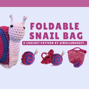 May include: A crocheted snail bag with a pink and blue shell. The bag is foldable and can be used as a tote bag or a small purse. The bag is made with a crochet pattern and is a great way to add a touch of whimsy to your everyday style.