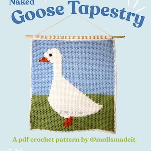 May include: Crocheted wall hanging featuring a white goose against a blue sky and green grass background. The text "Naked Goose Tapestry" is displayed above the image. The text "A pdf crochet pattern by @mollsmadeit_" is displayed below the image.