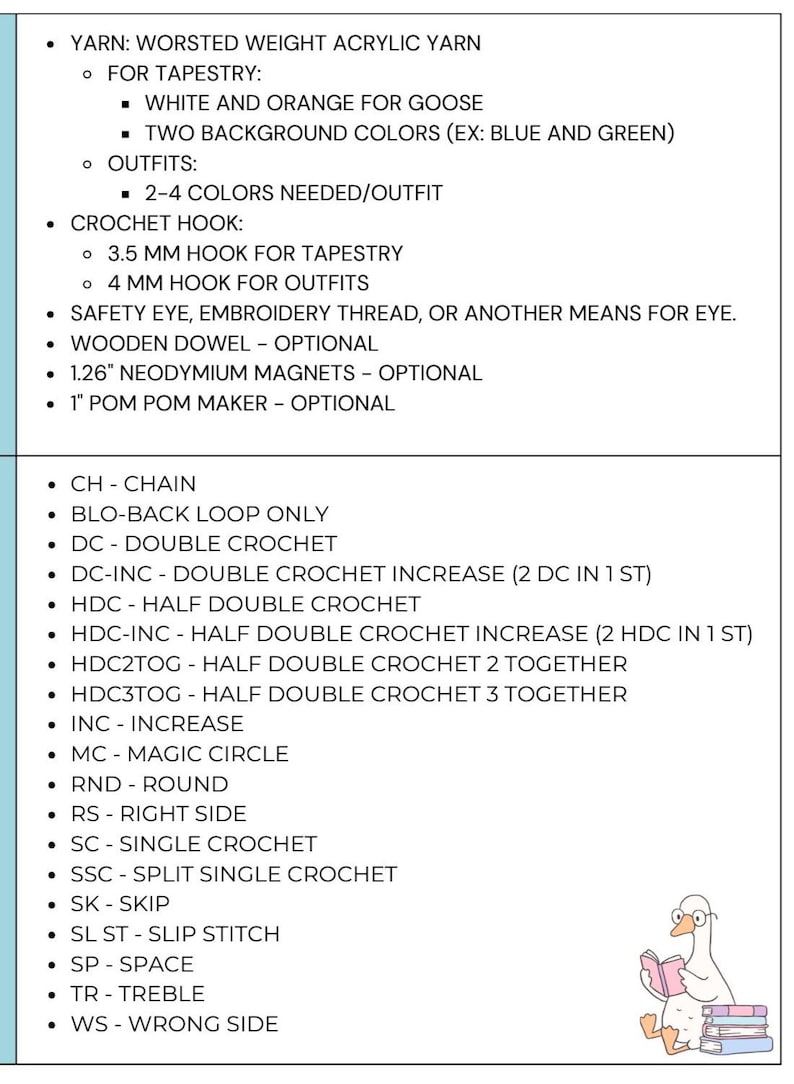 May include: A detailed list of crochet supplies and abbreviations. Includes yarn, crochet hook sizes, and optional items like magnets and pom-pom makers. Also lists crochet stitch abbreviations.