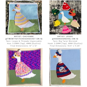 May include: A "Tester Look Book" featuring four crochet goose designs. Each goose is dressed in unique outfits, with dimensions ranging from 10.5" x 11.25" to 15" x 18". The designs include various colors and patterns, showcasing the artists' crochet skills.