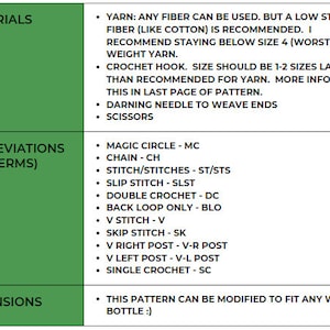 May include: A green and white chart with the title "Materials" and "Abbreviations (U.S. Terms)" and "Dimensions". The chart lists materials and abbreviations for crocheting, including yarn, crochet hook, darning needle, scissors, magic circle, chain, stitch, slip stitch, double crochet, back loop only, v stitch, skip stitch, v right post, v left post, and single crochet. The chart also includes a note that the pattern can be modified to fit any water bottle.