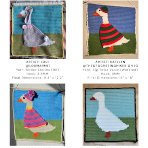 May include: A collection of four crocheted goose designs displayed on a wall. Each goose is unique, with different outfits and color schemes. The dimensions of each piece are provided in inches. The text "Tester Look Book" is at the top.