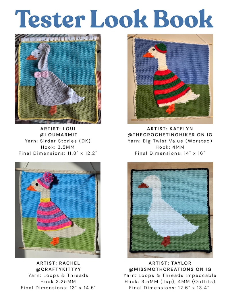 May include: A collection of four crocheted goose designs displayed on a wall. Each goose is unique, with different outfits and color schemes. The dimensions of each piece are provided in inches. The text "Tester Look Book" is at the top.