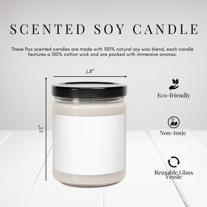 May include: A 9 ounce scented soy candle in a clear glass jar with a black lid. The candle is 3.5 inches tall and 2.8 inches wide. The jar has a white label with space for text. The candle is made with 100% natural soy wax and a 100% cotton wick. The candle is eco-friendly, non-toxic, and the jar is reusable.