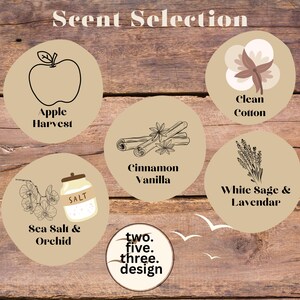 May include: A graphic with five circular icons, each representing a different scent. The scents are Apple Harvest, Clean Cotton, Cinnamon Vanilla, Sea Salt & Orchid, and White Sage & Lavender. The graphic also includes the text "two. five. three. design."