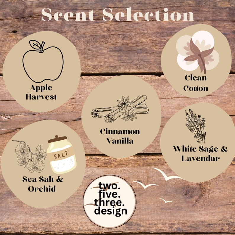 May include: A graphic with five circular icons, each representing a different scent. The scents are Apple Harvest, Clean Cotton, Cinnamon Vanilla, Sea Salt & Orchid, and White Sage & Lavender. The graphic also includes the text "two. five. three. design."