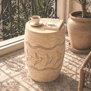 Travertine End Table – Hummingbird Carved Stone Pedestal Side Table