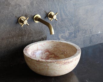 013-Red Filled Travertine Vessel Sink Custom Color Stone Basin Handcrafted Natural Bathroom Luxury Designer Washbasin