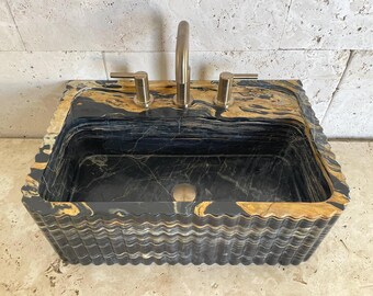 Lavabo de mármol Nero Picasso – Lavabo de baño de piedra estriada de lujo, hecho a mano