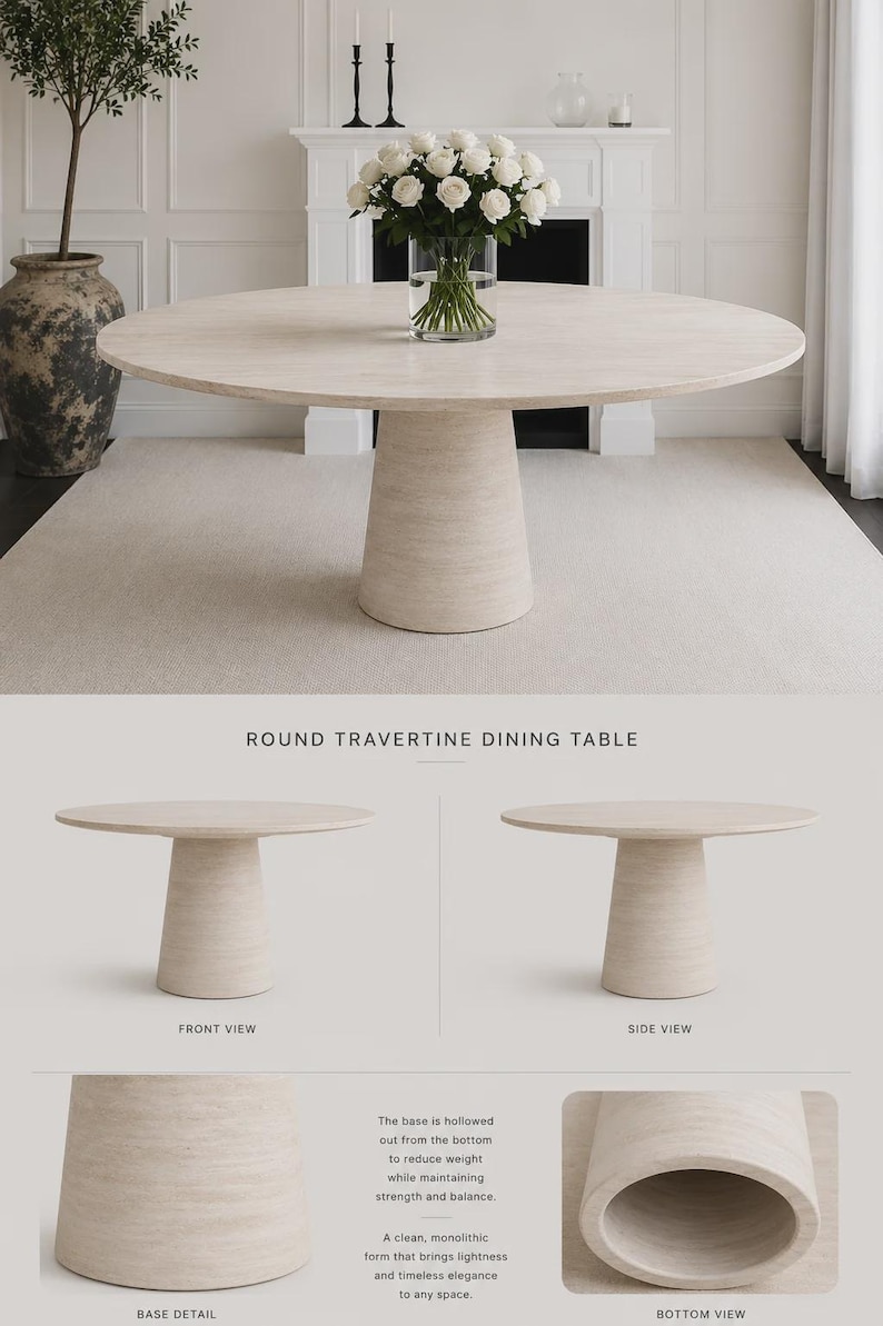 May include: A round travertine dining table with a light beige finish. The table has a circular top and a cylindrical base. The image also shows a vase of white roses and a large decorative vase. The table is approximately 152 cm in diameter.
