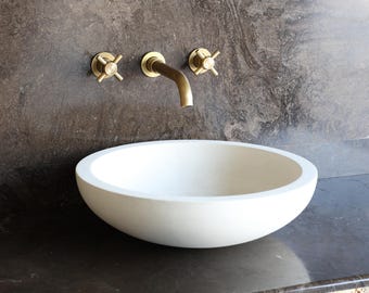 Lavabo de piedra caliza Limra blanco redondo 010, lavabo minimalista de piedra, lavabo de lujo de diseño, hecho a mano con materiales naturales.