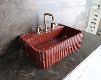 005-Fluted Rosso Levanto Marble Vessel Sink Handcrafted Natural Stone Bathroom Vanity Basin Luxury Designer Washbasin