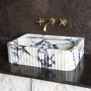 024-Fluted Calacatta Marble Vessel Sink Luxury Statement Bathroom Basin Designer Stone Vanity Sink Wall Faucet Washbasin
