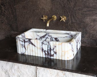 024-Fluted Calacatta Marble Vessel Sink Luxury Statement Bathroom Basin Designer Stone Vanity Sink Wall Faucet Washbasin