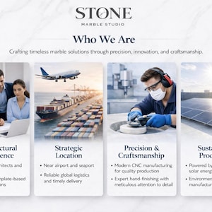 May include: An advertisement for Stone Marble Studio. The image shows four panels with text and images. The panels highlight architectural excellence, strategic location, precision & craftsmanship, and sustainable production. The company logo is at the top.