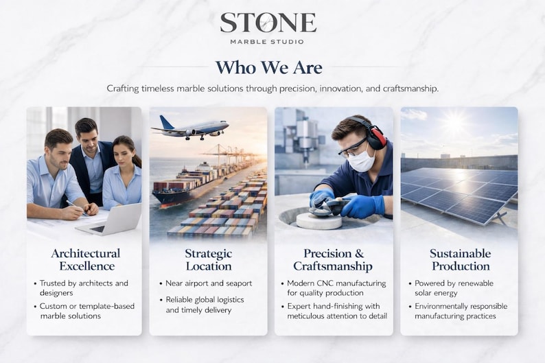 May include: An advertisement for Stone Marble Studio. The image shows four panels with text and images. The panels highlight architectural excellence, strategic location, precision & craftsmanship, and sustainable production. The company logo is at the top.