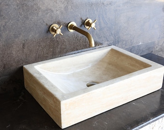 027-Lavabo rectangular de travertino con vetas, lavabo de baño de piedra natural, lavabo de encimera, lavabo de travertino hecho a mano