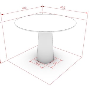May include: A white, round table with a pedestal base. The table is 101.6 cm in diameter and 73.7 cm tall. The base is 33 cm square. The image is a technical drawing.
