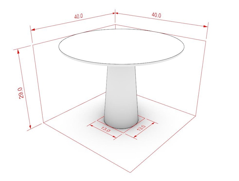 May include: A white, round table with a pedestal base. The table is 101.6 cm in diameter and 73.7 cm tall. The base is 33 cm square. The image is a technical drawing.