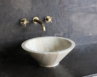 007-Vein Cut Travertine Vessel Sink Cone Shape Natural Stone Bathroom Basin Handcrafted Luxury Designer Washbasin