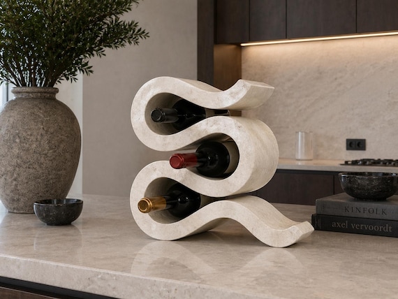 Travertine Stone Wine Rack – Sculptural 5 Bottle Holder, Handcrafted Luxury Decor