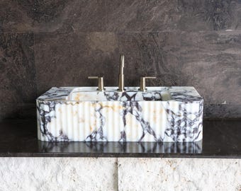 026-Fluted Calacatta Marble Sink Bathroom Vanity Basin Handcrafted Natural Stone Washbasin Countertop Luxury Marble Sink