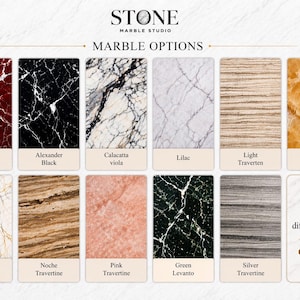 May include: A selection of marble options from Stone Marble Studio. The image presents ten marble patterns, including Rosso Levanto, Alexander Black, Calacatta Viola, Lilac, Light Traverten, Onyx, Calacatta Gold, Noche Travertine, Pink Travertine, and Green Levanto.