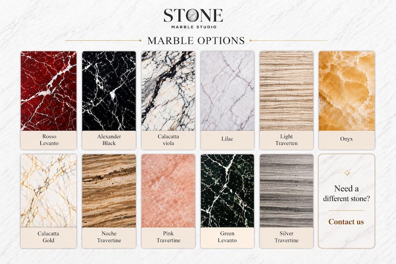 May include: A selection of marble options from Stone Marble Studio. The image presents ten marble patterns, including Rosso Levanto, Alexander Black, Calacatta Viola, Lilac, Light Traverten, Onyx, Calacatta Gold, Noche Travertine, Pink Travertine, and Green Levanto.