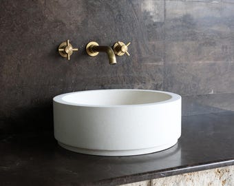 019-Round White Limra Limestone Vessel Sink Thick Edge Stone Basin Handcrafted Natural Bathroom Luxury Designer Washbasin