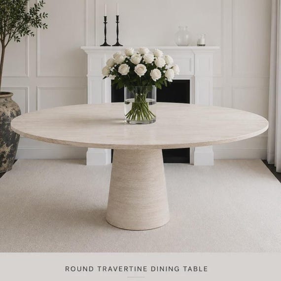 Light Vein Cut Travertine Dining Table – Handcrafted Round Luxury Stone Table