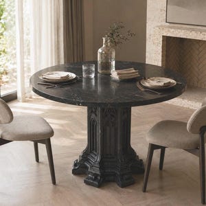 Black Marble Round Dining Table – Gothic Pedestal Architectural Furniture